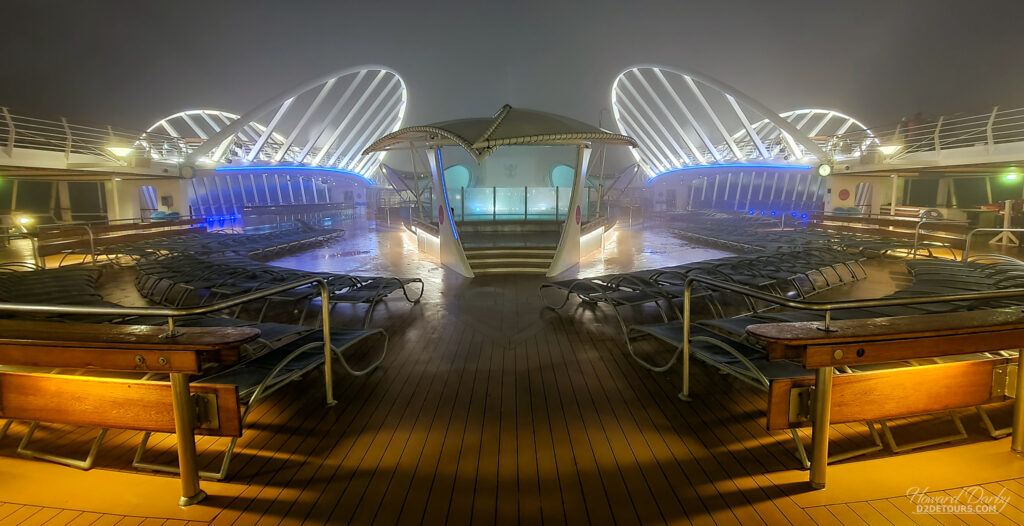 Pool deck on a foggy evening