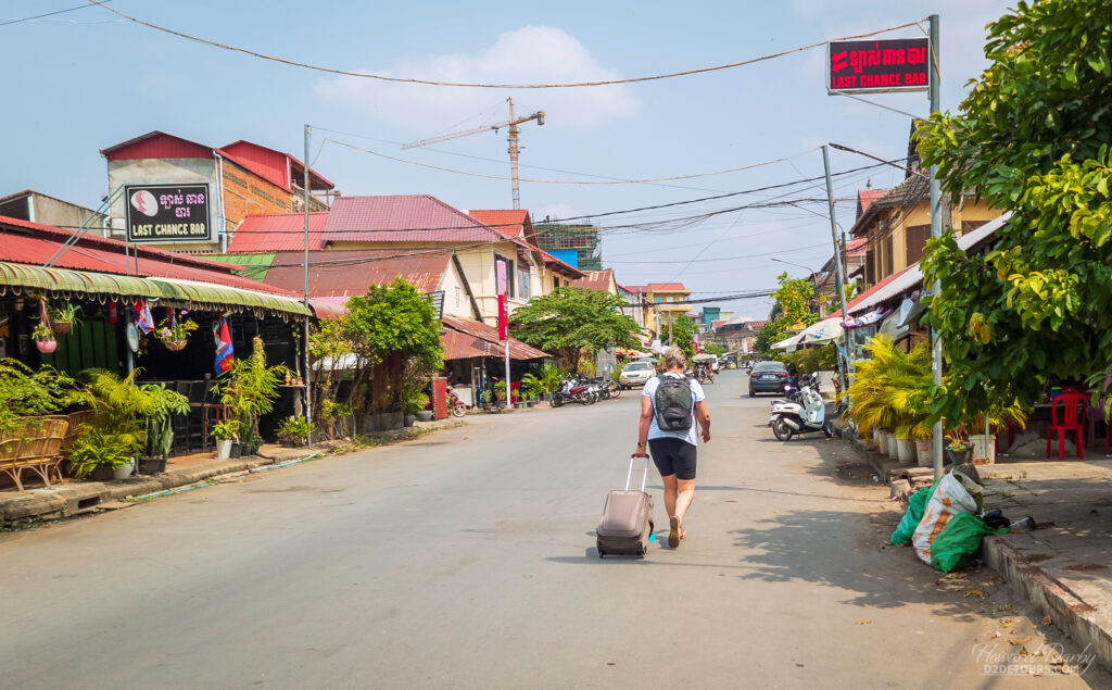 Walking to the bus station in Kampot on our way to Vietnam