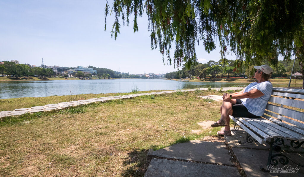 Relaxing during a walk around Xuan Hong Lake