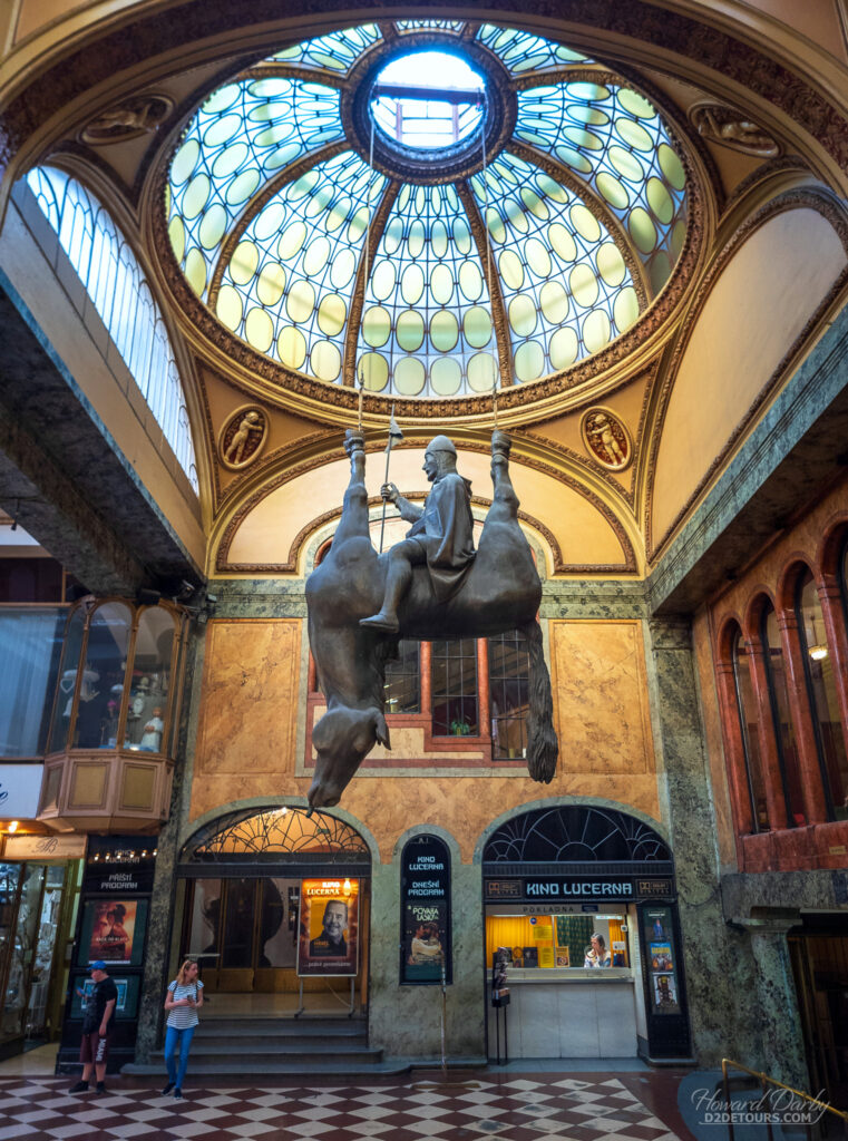 The sculpture of “King Wenceslas on a Dead Horse” in the Lucerna mall
