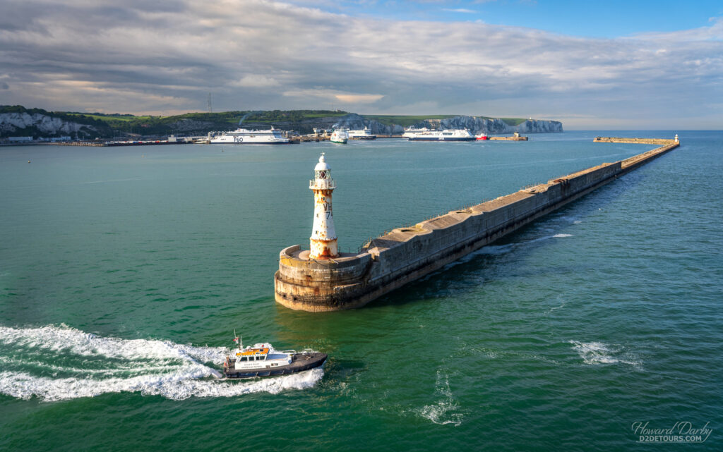 Entering the port of Dover, with the white cliffs in the background
