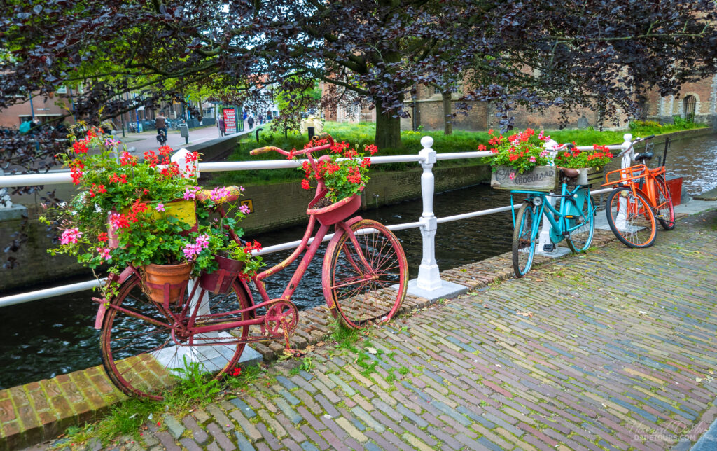 Bicycles along a canal in Delft