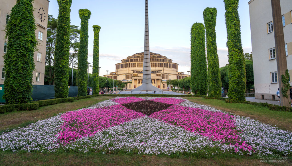 Flower display in front of the Centennial Hall in Wroclaw