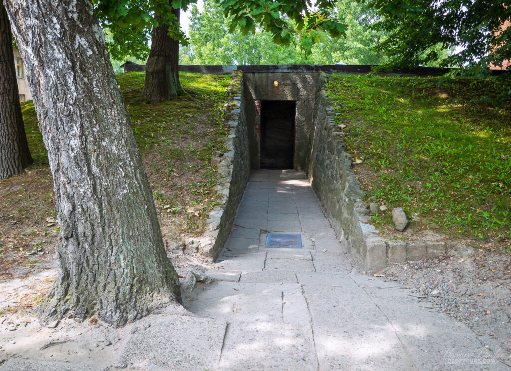 Entrance into the only gas chamber the Germans didn't destroy as they abandoned Auschwitz. We entered it, and it's a simple large concrete room with a capacity of a few hundred people, with 3 trap doors in the ceiling where poison was poured into the room, killing everyone inside within 20 minutes.