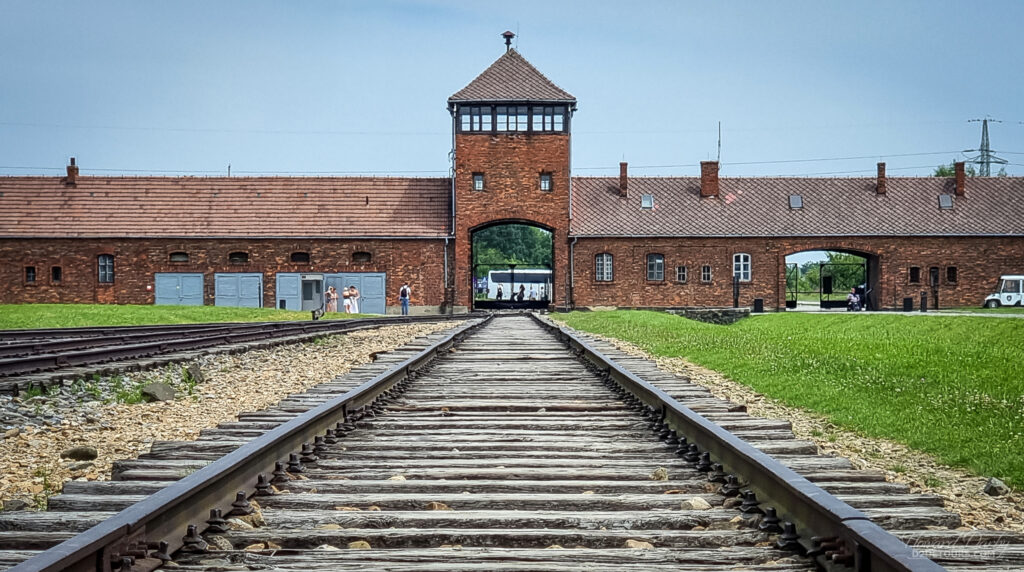 The rail line that brought prisoners through the Birkenau main gate