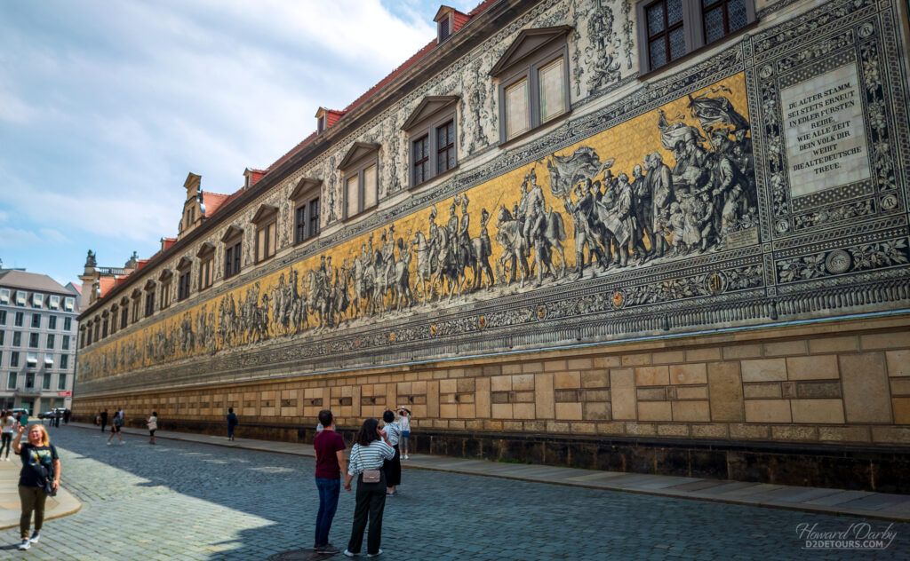 Procession of the Princes, a 101-meter / 335-foot-long porcelain mural depicting the 35 rulers of Saxony. Unveiled in 1907 this piece of historical art suffered minimal damage in WWII. 