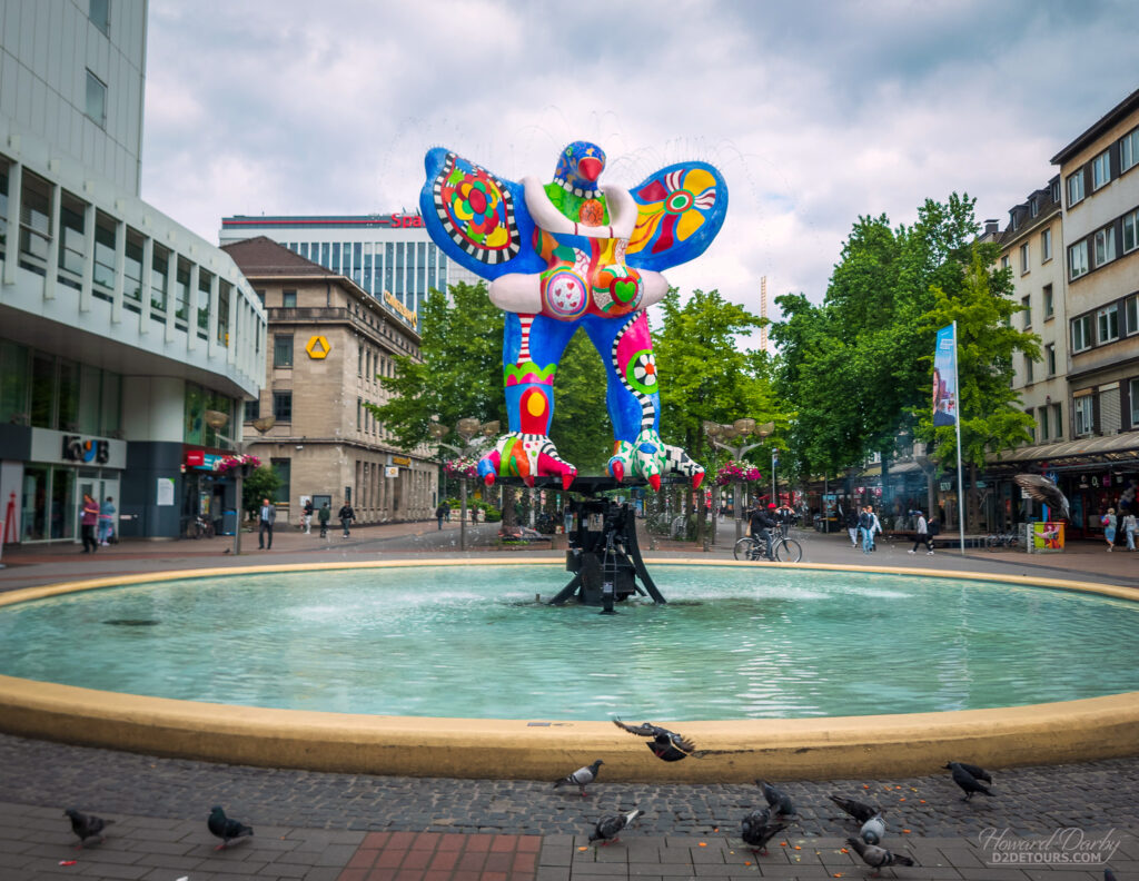 These brightly colored sculptures called Nanas can be found on display in many German cities - this one in A plaza in Duisburg