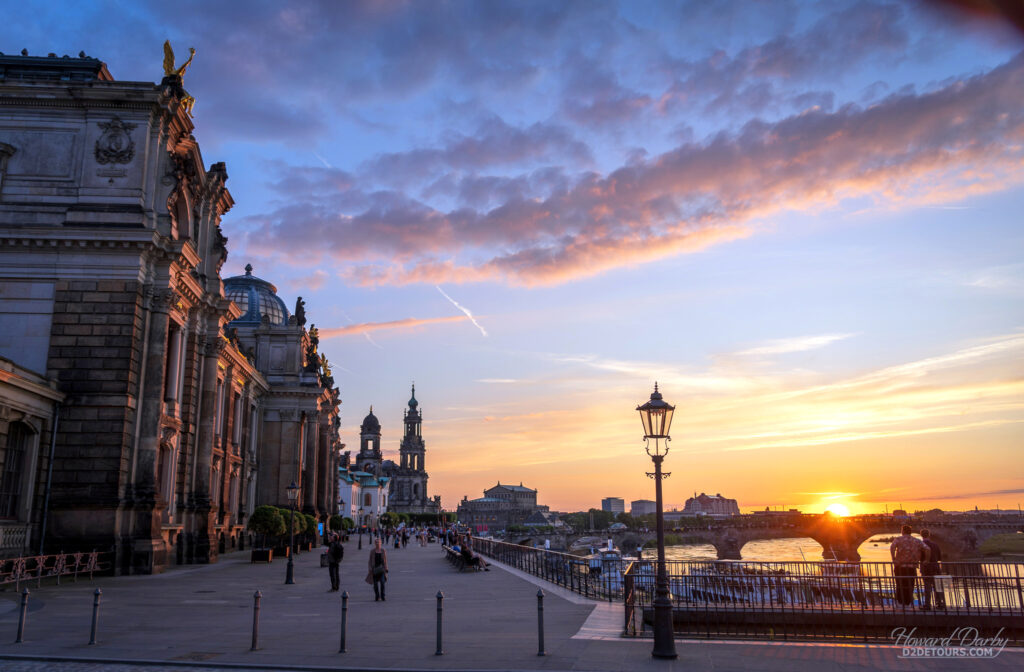 Dresden waterfront at sunset along the Elbe river