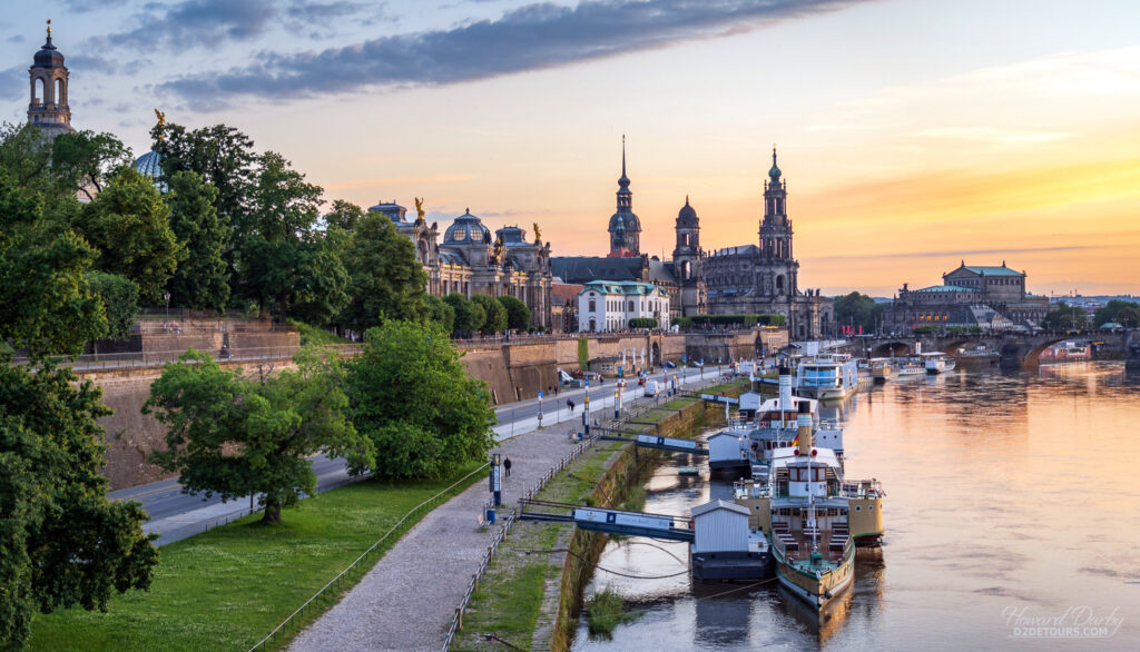 The Elbe river and Dresden at sunset