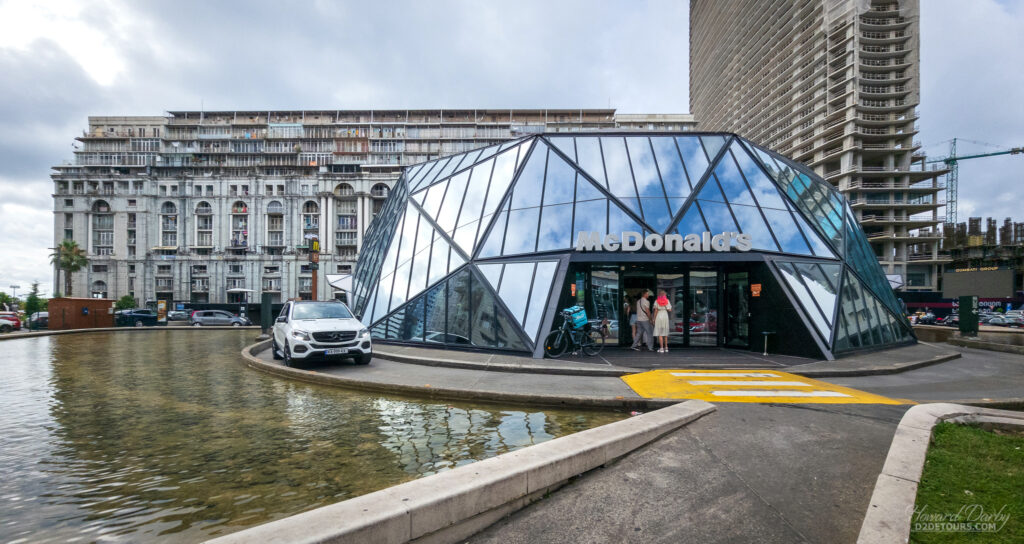 Batumi is a strange mix of architecture, including this ultra-modern McDonalds with a drive-thru around a pond in front of an old run-down soviet style build