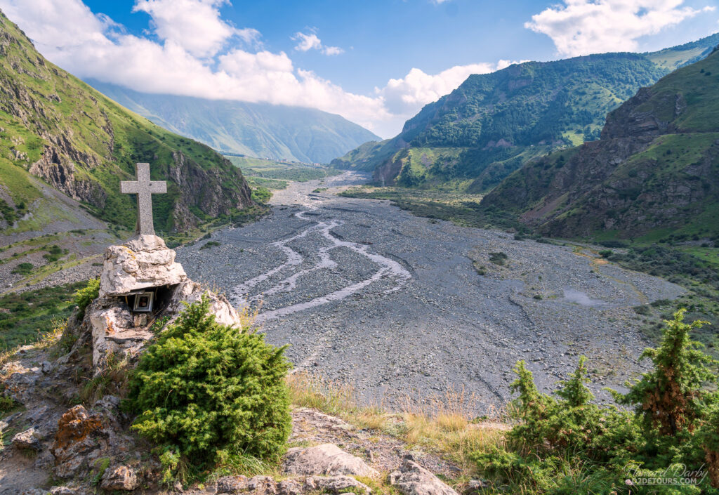 Terek Valley viewpoint looking south towards Stepantsminda is located along the Georgian military road less than 6km south of the border with Russia