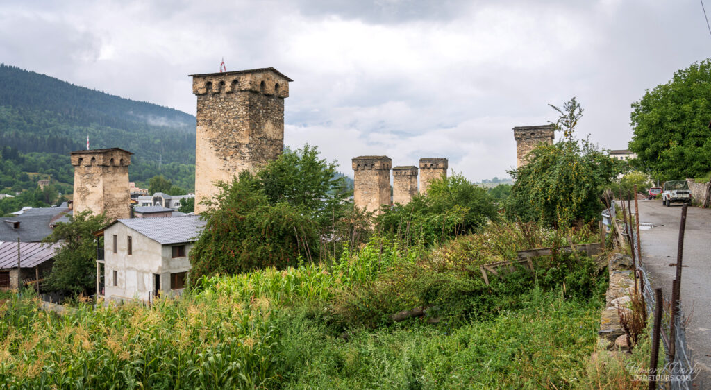 Mestia skyline with Svan towers