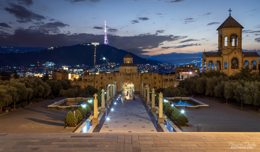 Looking down at Tbilisi from Holy Trinity Cathedral at sunset 