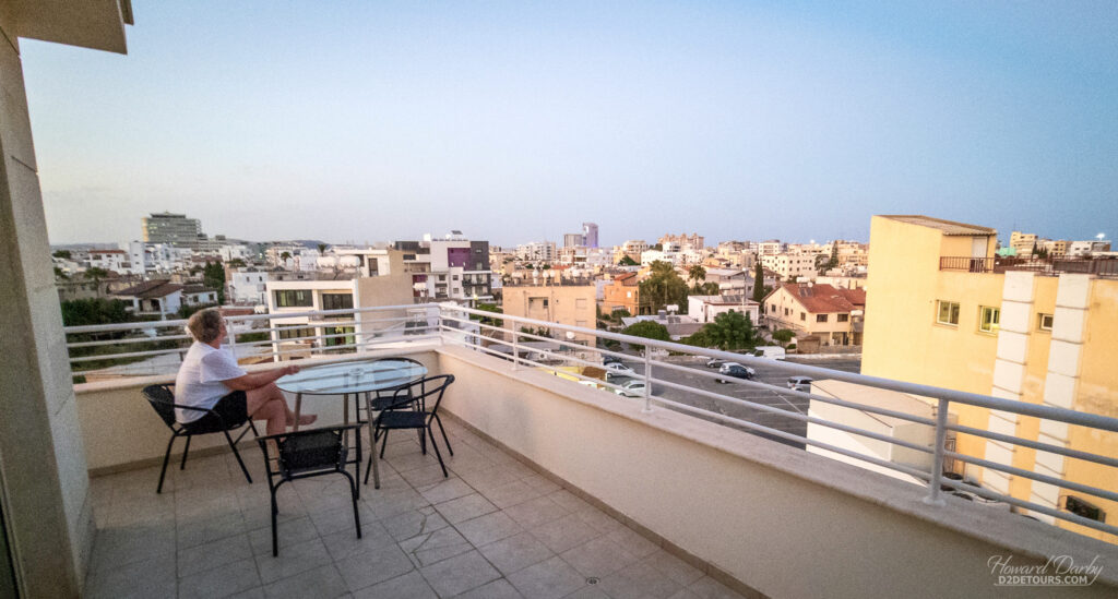 Enjoying the evening on the terrace of our Larnaca Airbnb