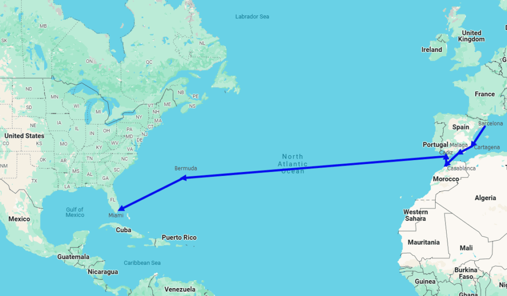 Barcelona to Miami cruise route