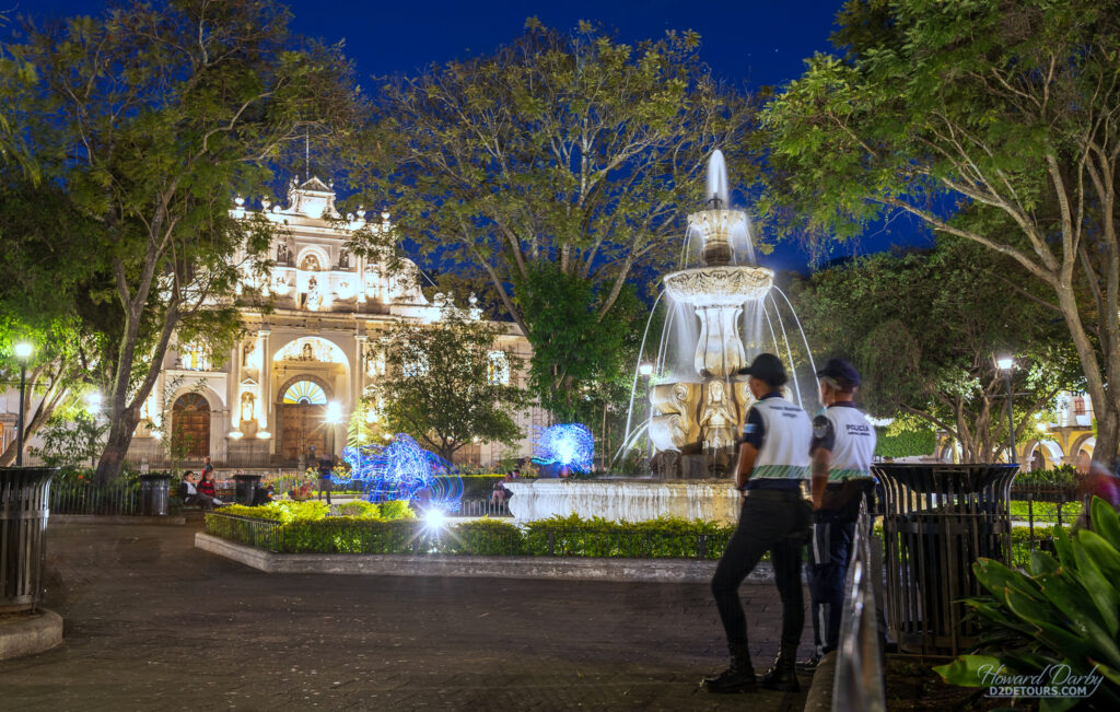 Central Park of Antigua Guatemala at night